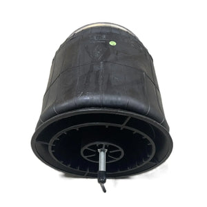 Heavy-duty black rubber air spring suspension bag with metal mount on white background