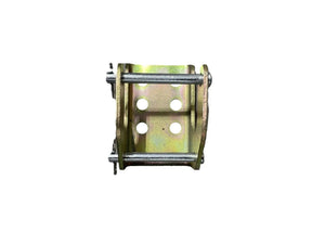 Steel U-bolt bracket with four holes, zinc plated, on white background