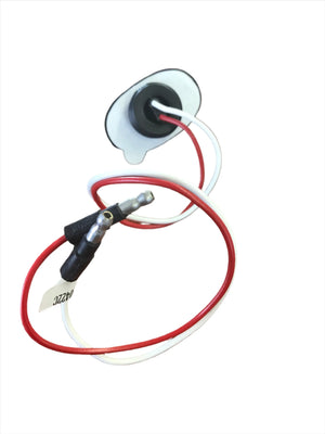 Water heater thermostat sensor with red and white wires, connector terminals on white background