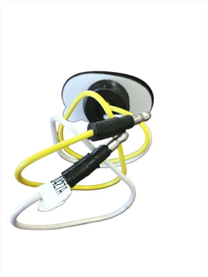 Adhesive ECG electrode pad with attached yellow and white lead wires