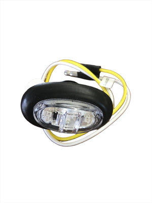 LED trailer clearance marker light with black rubber base and yellow and white wires