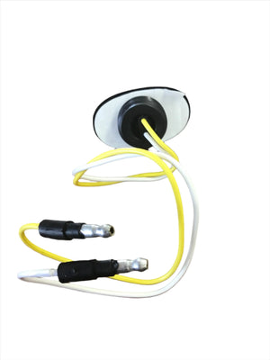 Electrical wire harness with yellow and white wires, connectors, and a black grommet