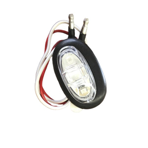 Oval LED marker light with clear lens, black housing, and attached red and white wires