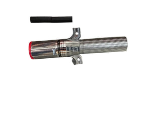 Stainless steel industrial spring loaded door closer with black rubber cover on white background