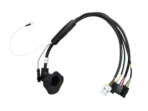 Black engine wiring harness with connectors and cables on white background