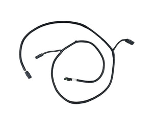 Black automotive wiring harness cable with three connectors on white background