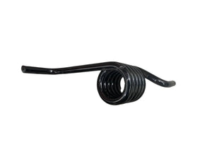 Black metal torsion spring with coiled center and extended arms on white background