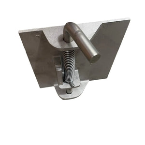 Aluminum spring-loaded clamp with L-shaped handle on a white background