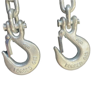 Two silver forged G43 chain hooks with safety latches on metal chains