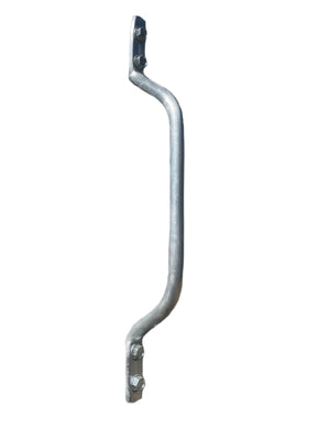 Galvanized steel gate handle with mounting bolts on white background
