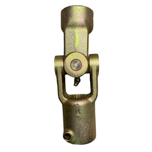 Metal universal joint yoke on white background, automotive driveshaft component