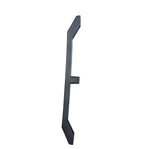 Black metal automotive door handle on white background