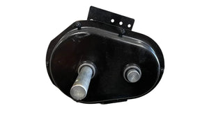 Heavy-duty black gear reduction box with two metal shafts, isolated on white background