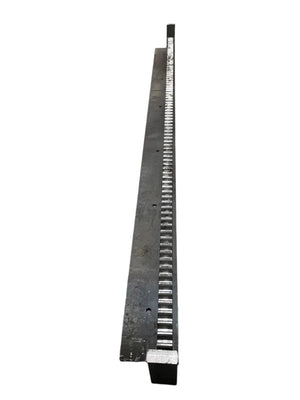 Steel gear rack with teeth, industrial machine part, isolated on white background
