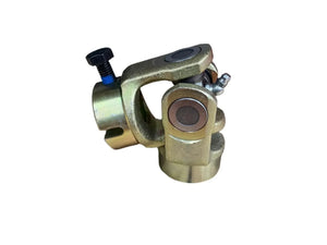 Metal universal joint steering coupler with bolt and grease fitting on white background