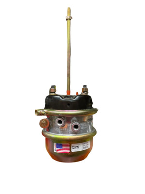 Heavy-duty brake chamber with American flag sticker, isolated on white background