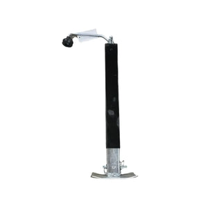 Trailer jack with black square tube frame and silver crank handle on white background