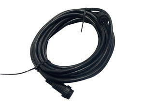 Black extension cable with round connectors and zip tie, isolated on white background