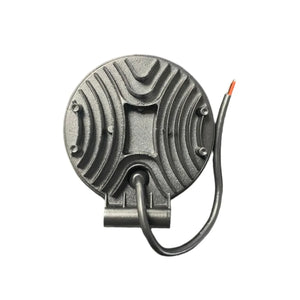 Round metal LED light housing with exposed wire on white background