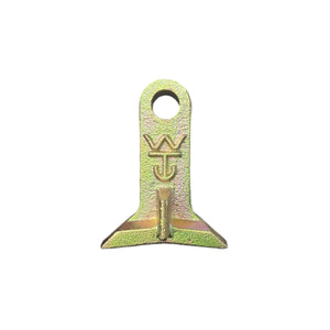 Metal wall tie anchor with yellow zinc finish and embossed WJ logo on white background