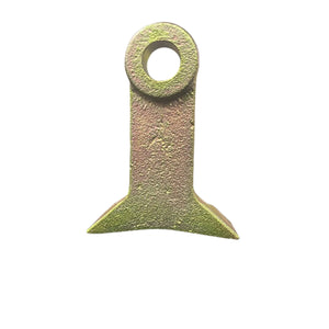 Metal mower hammer blade with textured surface and mounting hole on white background