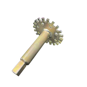 Metal mortar mixer attachment with notched disc for drill on white background