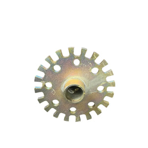Metal sprocket gear with evenly spaced teeth and center hole on white background