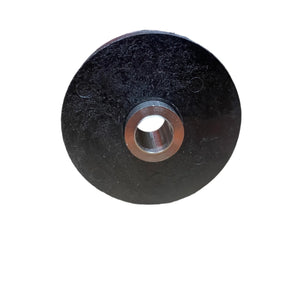 Black round metal pulley wheel with center hole, isolated on white background