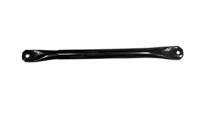 Black metal automotive control arm rod with holes on each end on white background