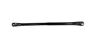 Black metal automotive suspension control arm on white background