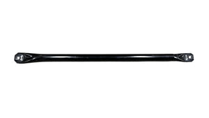 Black steel automotive crossmember bar with mounting holes on white background