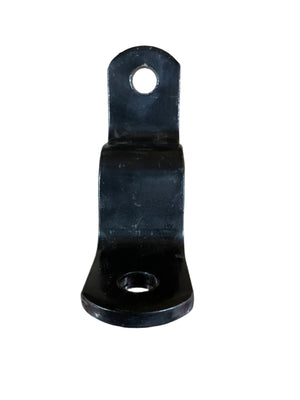 Black metal mounting bracket with two holes for bolts, automotive hardware part on white background