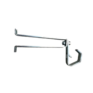 Metal adjustable pipe hanger bracket with hook on white background