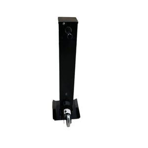 Black steel trailer jack stand with caster wheel on white background