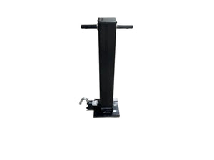 Black heavy-duty trailer jack stand with steel handle, isolated on white background