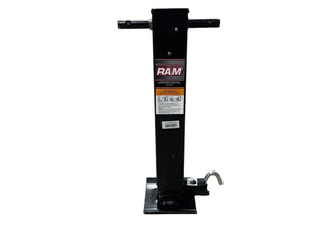 Black RAM trailer jack with foot plate and label, isolated on white background