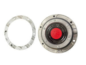 STEMCO hub cap with red plug and metal gasket, truck wheel part, on white background