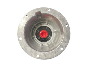 Metal flange with circular center and red cap, industrial connector component