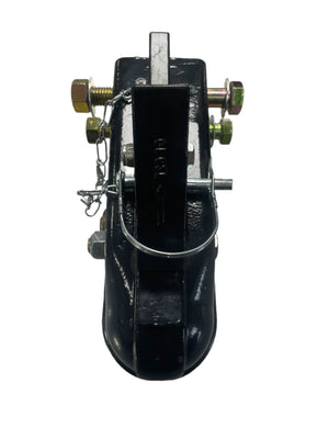 Heavy-duty black trailer hitch coupler with steel pin and bolts, isolated on white background