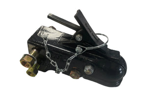 Black trailer coupler hitch with safety chain and bolts on white background