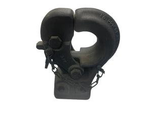 Heavy-duty black steel tow hook with bolts and safety chain on white background
