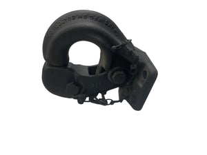 Heavy-duty pintle hook trailer hitch on white background, industrial towing hardware