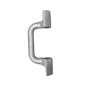 Silver metal industrial handle with square ends on white background