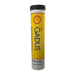 Shell Gadus S3 V220C 2 grease tube with yellow label and Shell logo, isolated on white