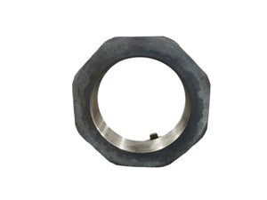 Heavy-duty steel hex locknut with internal threads, isolated on white background