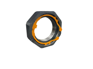 Hexagonal metal locknut with orange locking clips on white background