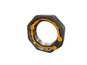 Hexagonal industrial locknut with orange safety locking clips on white background