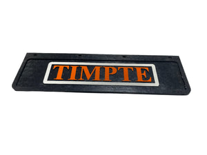 Black Timpte mud flap with orange logo on white background