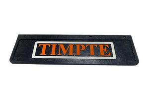 Black Timpte mud flap with orange Timpte logo and white border on white background