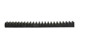 Black metal gear rack with evenly spaced teeth on white background